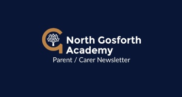 Parent and Carer Newsletter  announcement  and school logo comprising of a gold G with a white tree within it and the school name in white text
